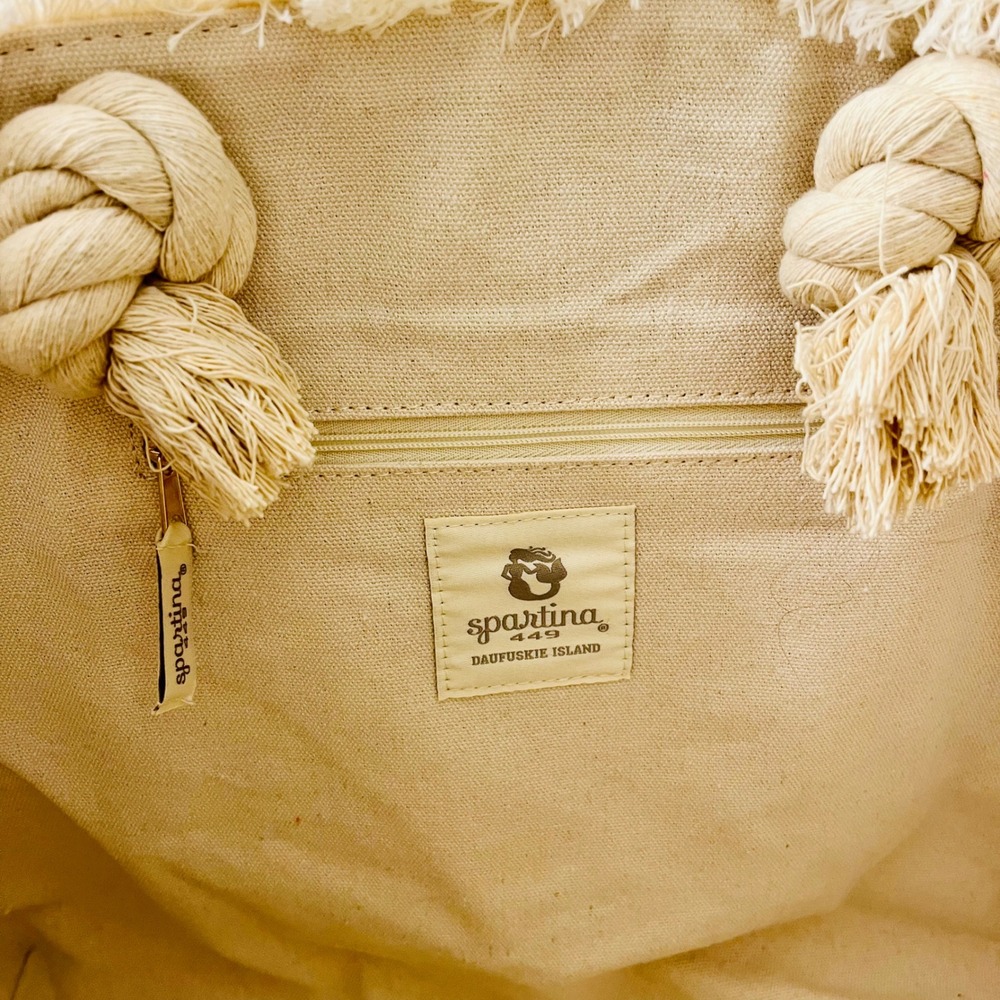 Spartina 449 Moonglade Boho Beach Tote Blue White Ikat Fringe 960675 Rope Straps - Picture 5 of 14